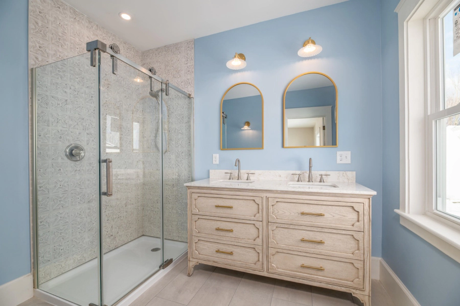 blue modern bathroom with shower area
